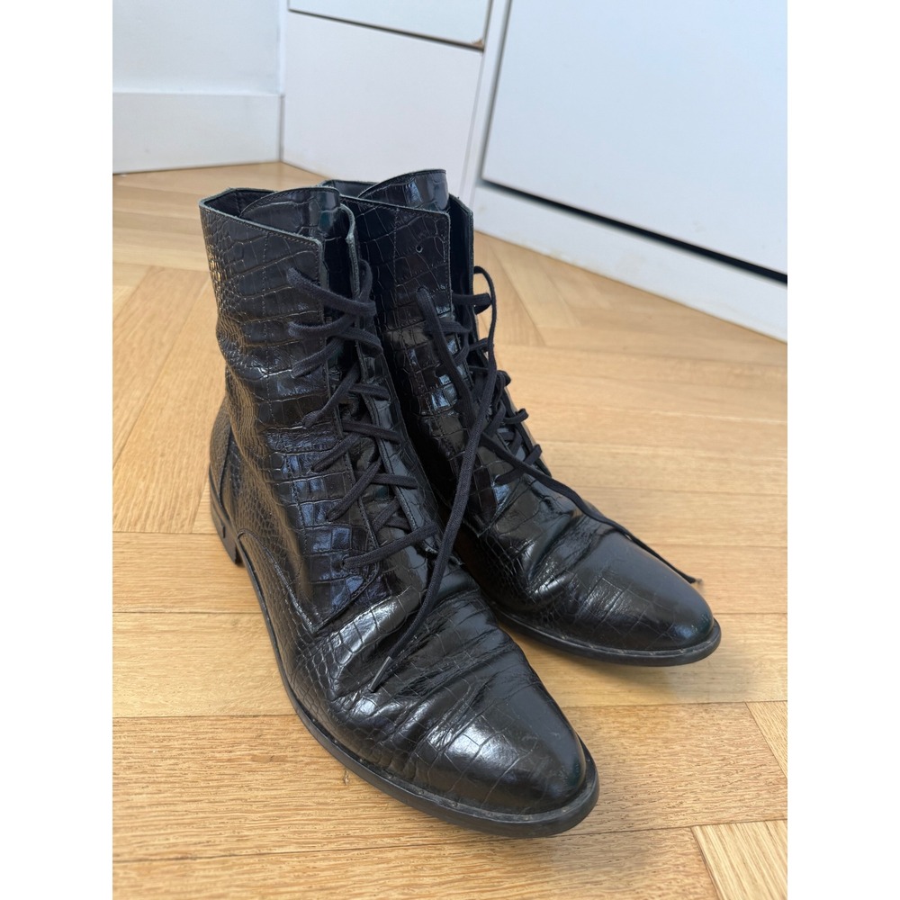Freda Salvador Black Croc Embossed Leather Lace Up Ankle Boots 9.5 Spain